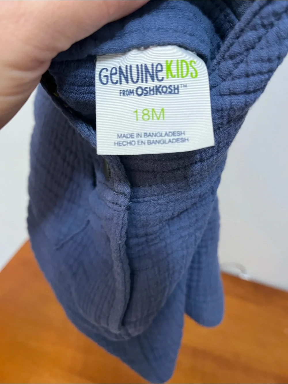 OshKosh Blue Gauze Overalls for Toddler. Pineapple print inside.